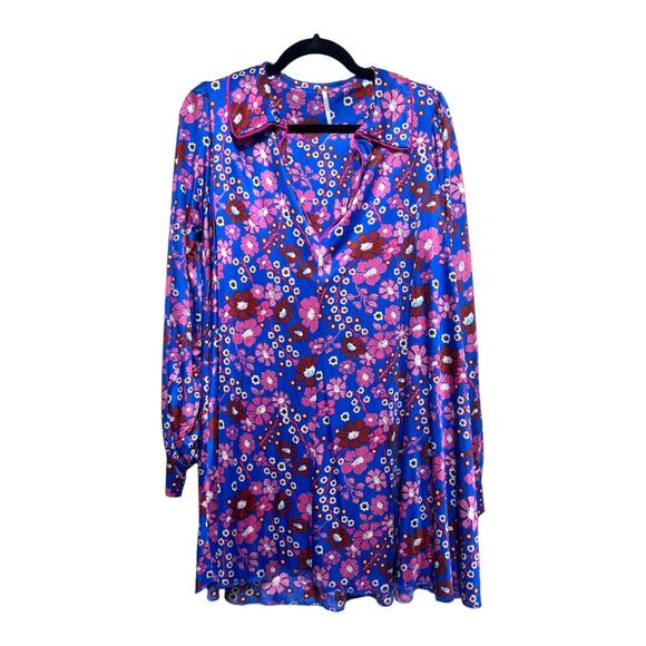 Free People DAISY JANE LONG SLEEVE MINI DRESS BLUE PURPLE BOTANICAL COMBO Small - Picture 3 of 6